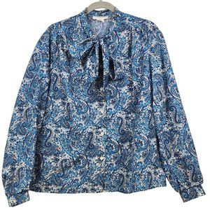 Vintage Cedar Hill Womens Blouse Size 16 Turquoise/White Paisley Button Down Tie